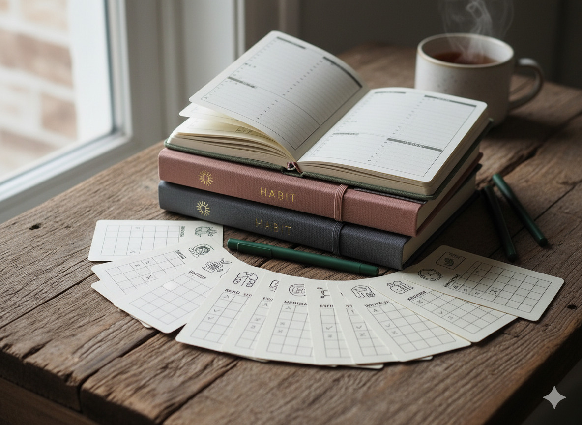Stack of habit journals and cards on a wooden surface