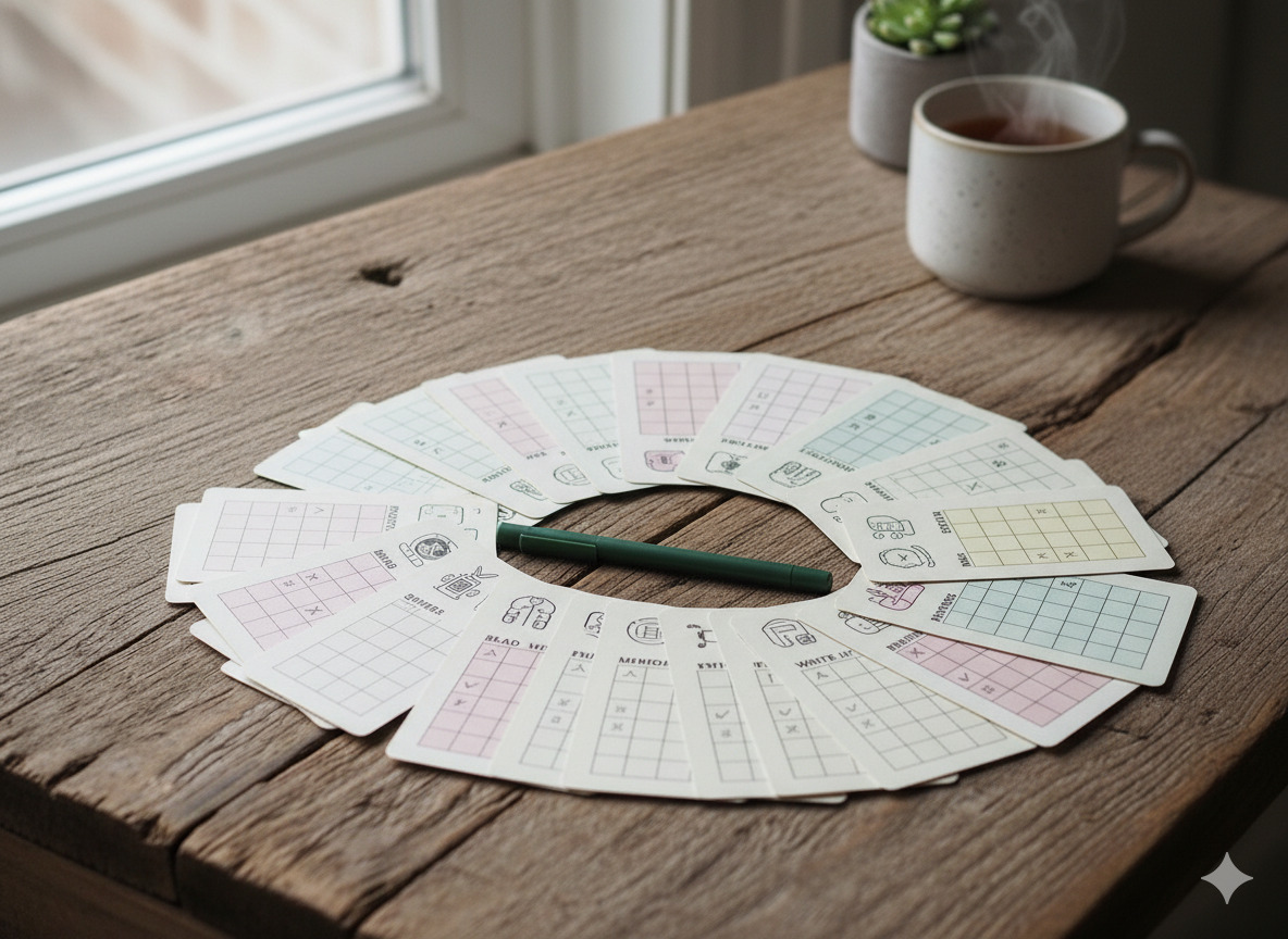 Habit tracker cards fanned on a table