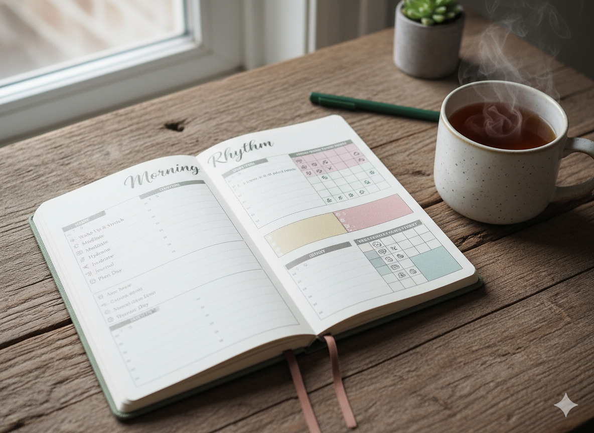 Morning rhythm journal layout with soft colors