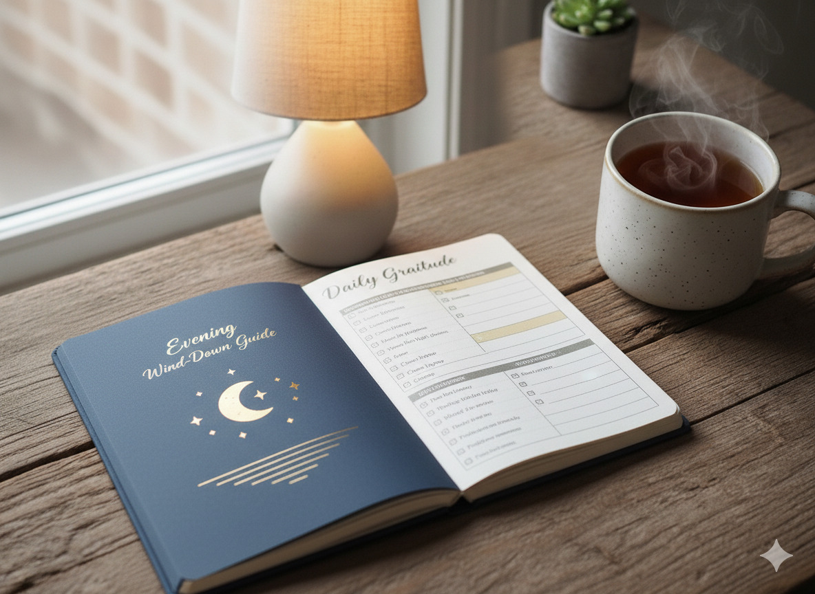 Evening wind-down guide booklet beside a lamp